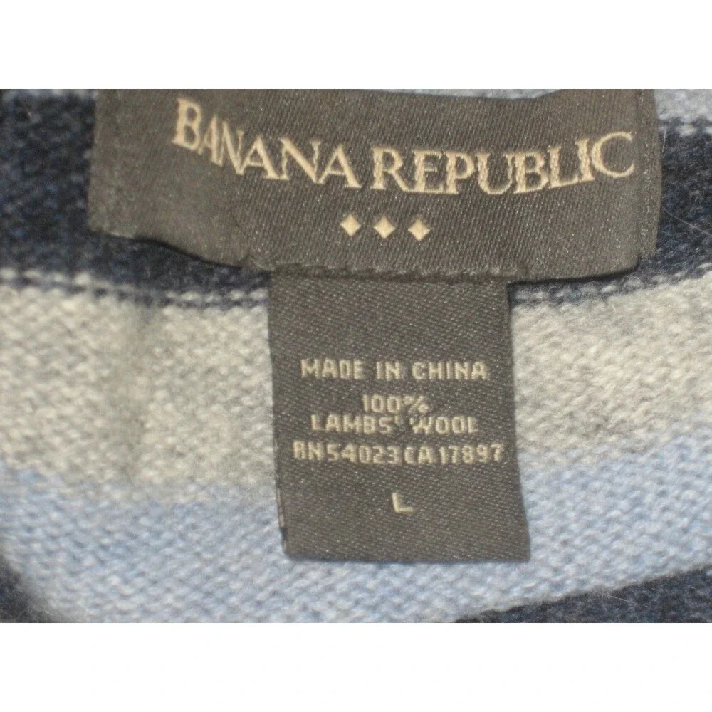 Mens Banana Republic Merino Wool Blue Gray Stripe Crew Neck Sweater sz Lg